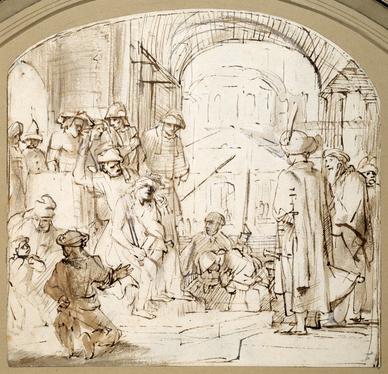 Christ Mocked (penna och bläck med tvätt på papper) av Rembrandt Harmensz. van Rijn (school of)