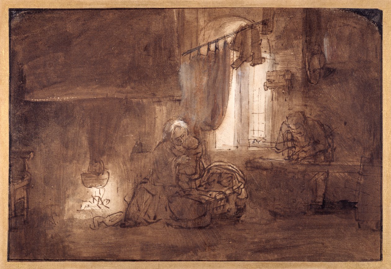 Den heliga familjen i snickeriet (penna och bläck med tvätt på papper) av Rembrandt Harmensz. van Rijn (school of)
