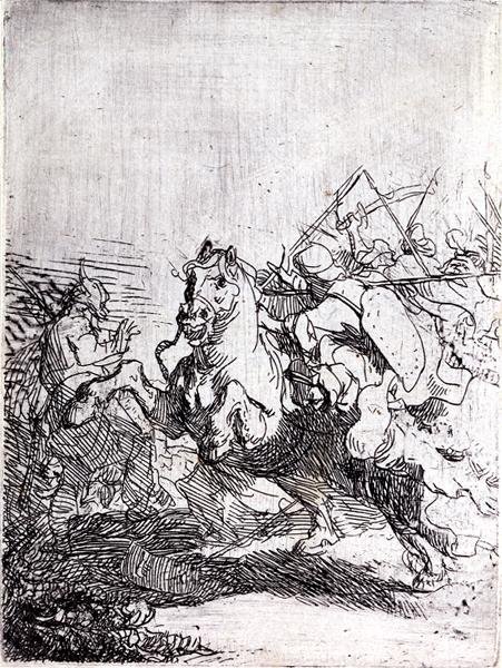 En kavallerikamp (penna och bläck på papper) av Rembrandt Harmensz. van Rijn