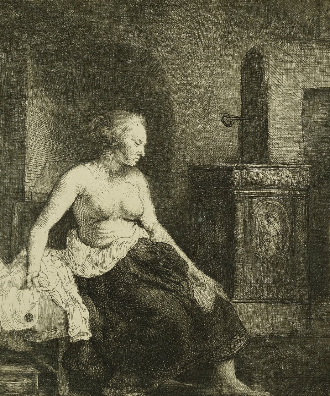 En kvinna som sitter halvklädd bredvid en spis, 1658 av Rembrandt van Rijn