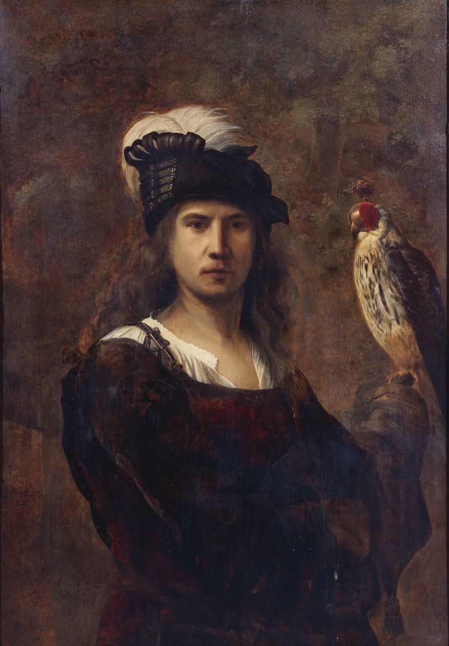 Falkonerare med falk och fjäderhatt av Rembrandt van Rijn