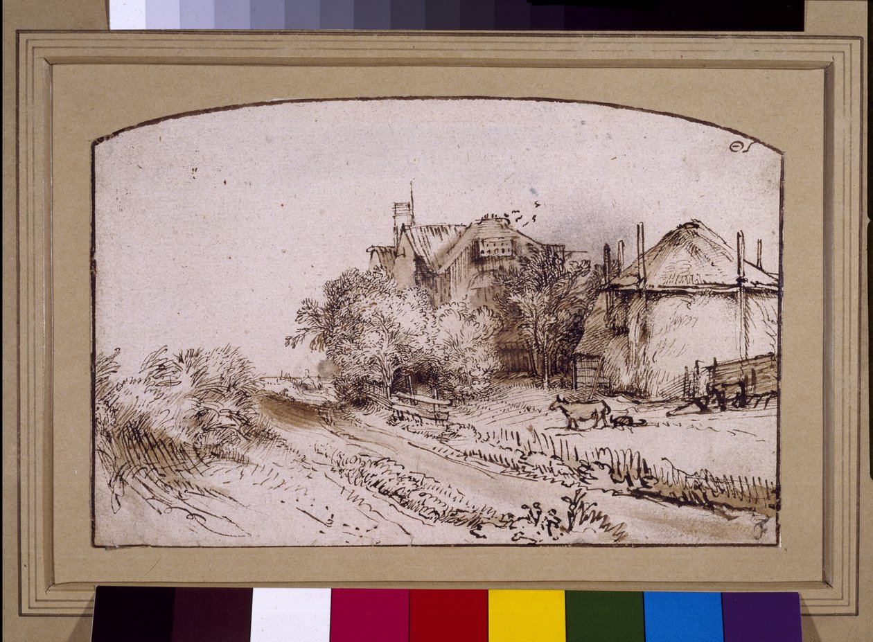 En höstack nära en gård, ca 1650 (penna och bläck på papper) av Rembrandt Harmensz. van Rijn