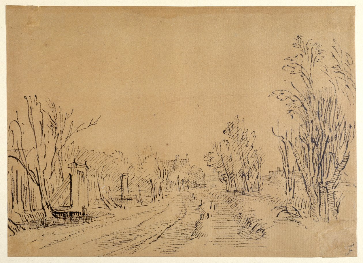 En huvudväg som leder till ett hus genom träd (två broar och port till dijk) (penna och bläck på brunt papper) av Rembrandt Harmensz. van Rijn