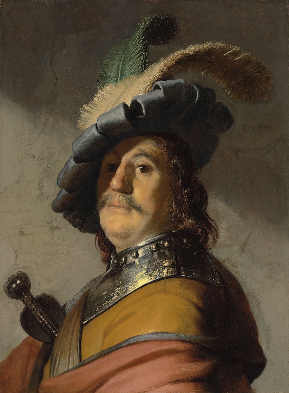 En man i en ravin och mössa (olja på panel) av Rembrandt van Rijn