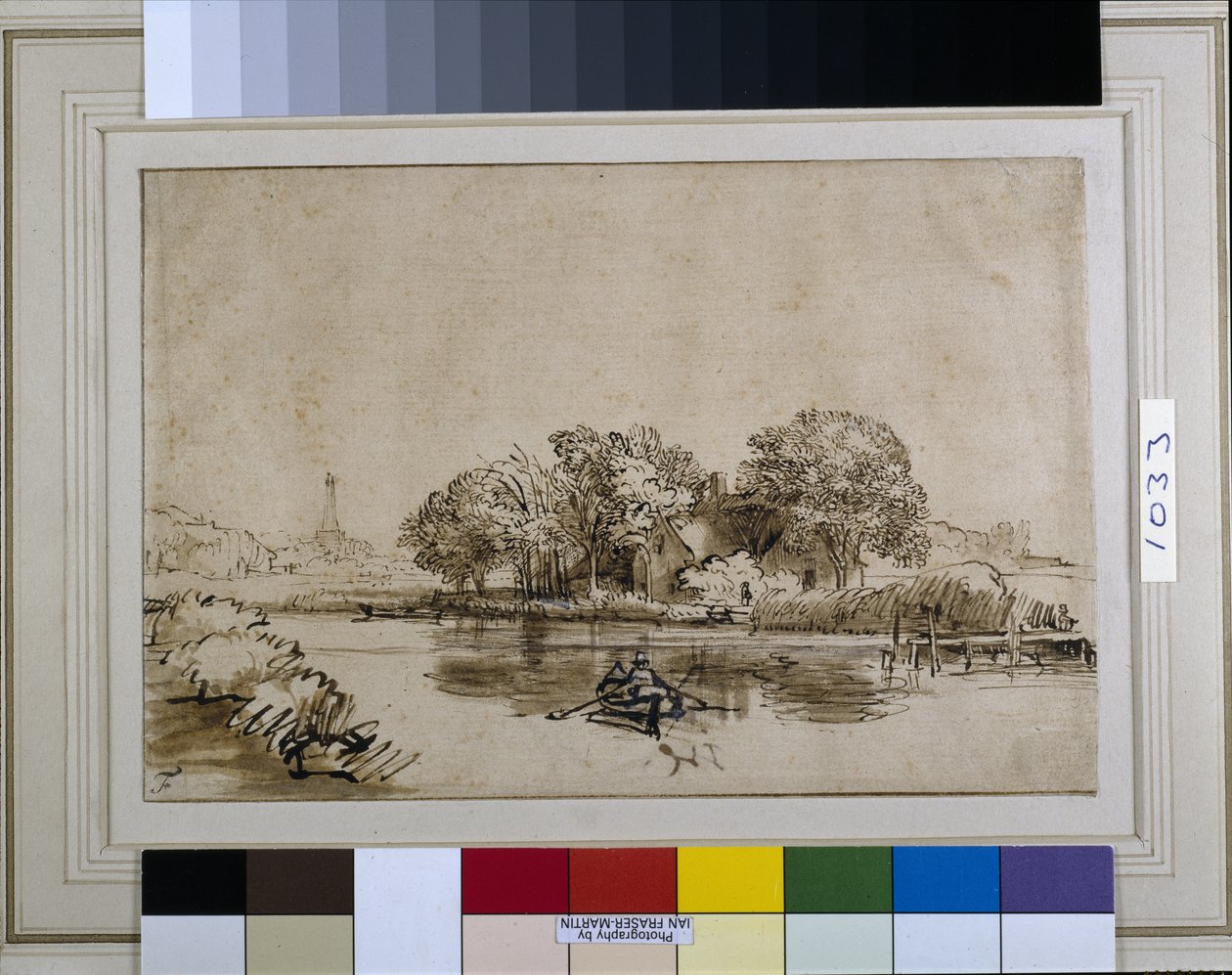 En man som rullar en båt på Bullewijk, med utsikt mot Ouderkerk, ca 1650 (penna & bläck med brun tvätt & vit kroppsfärg på papper) av Rembrandt Harmensz. van Rijn