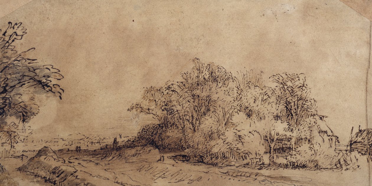 En grov väg längs vallen med träd som döljer en bondgård (penna och bläck med tvätt på papper) av Rembrandt Harmensz. van Rijn