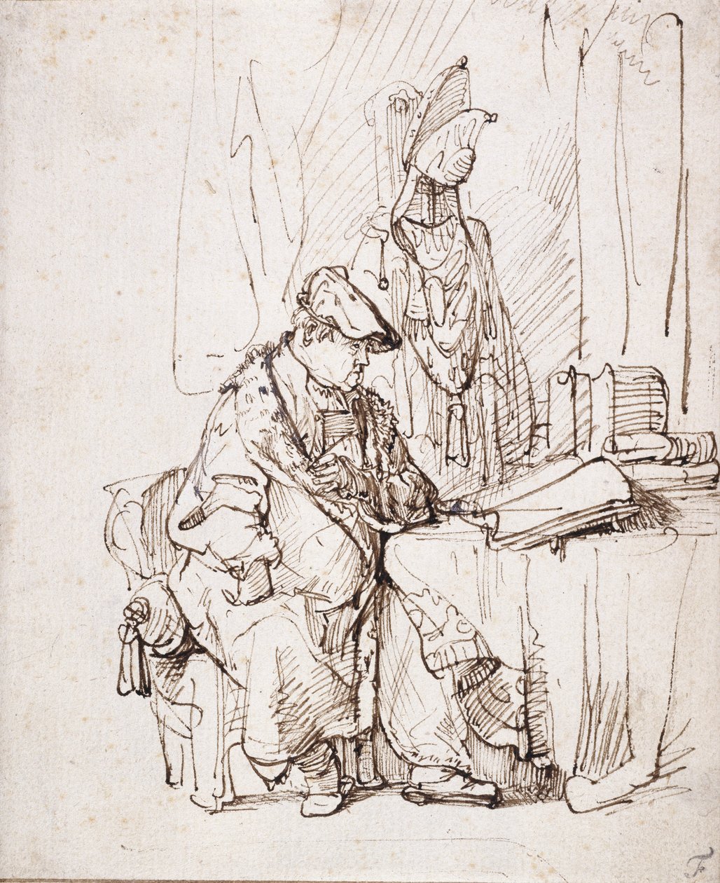 En skådespelare i sitt omklädningsrum (penna & brunt bläck på vitt papper) av Rembrandt Harmensz. van Rijn