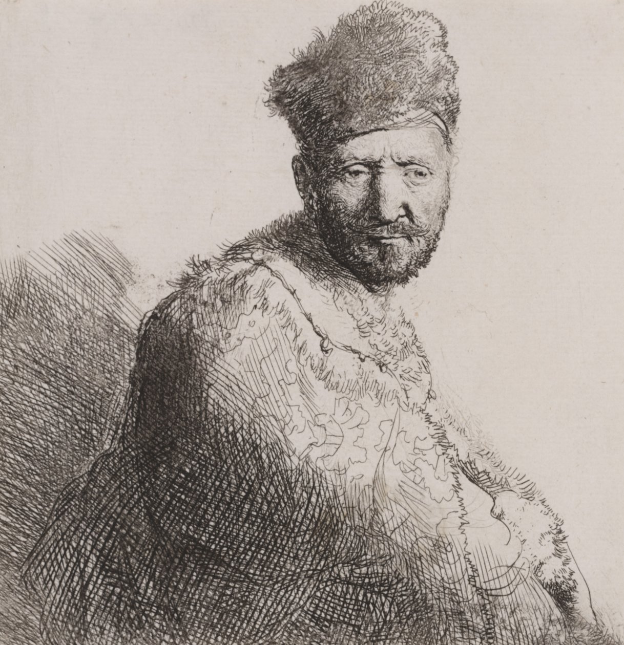 Skäggig man i pälsad orientalisk mössa och mantel av Rembrandt van Rijn