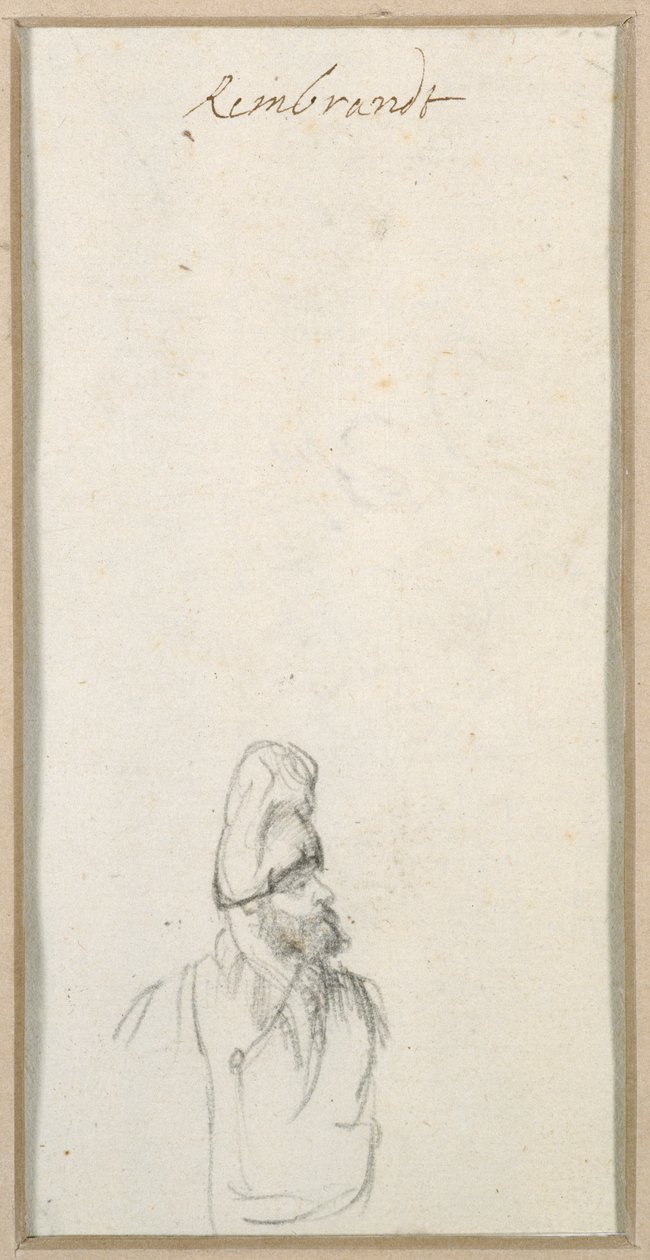 Skäggig man i profil, i hög keps, ca 1640 (svart krita på papper) av Rembrandt Harmensz. van Rijn