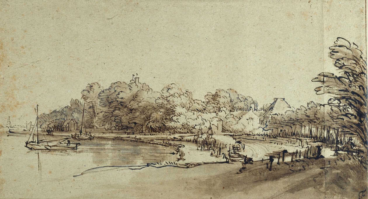 Bend in the Amstel nära Kostverloren House, tidigt 1650-tal (penna & bläck med tvätt & kroppsfärg på papper) av Rembrandt Harmensz. van Rijn
