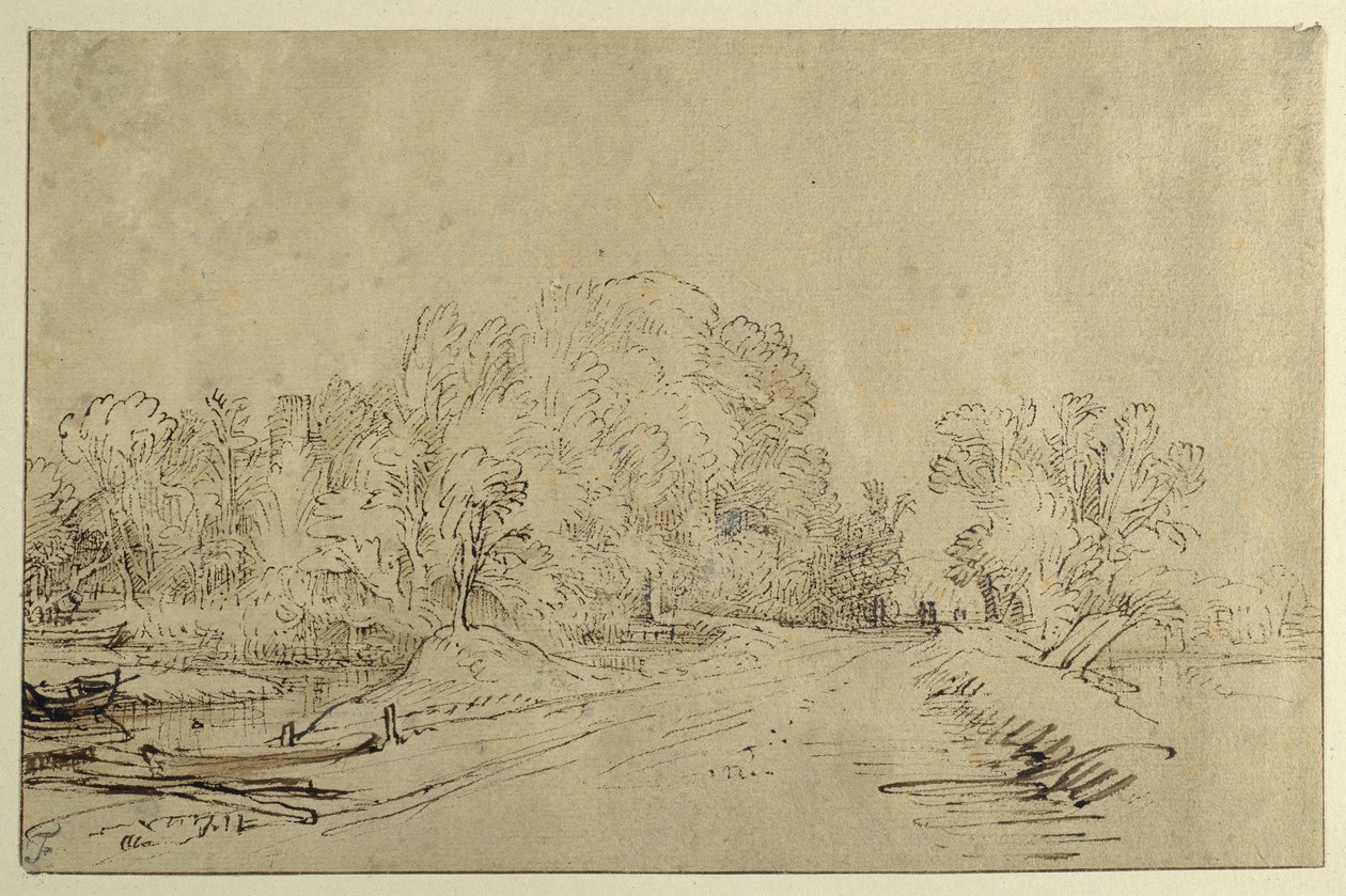 Kanal med båtar, en vallväg och träd (vasspenna & bläck med tvätt på papper) av Rembrandt Harmensz. van Rijn