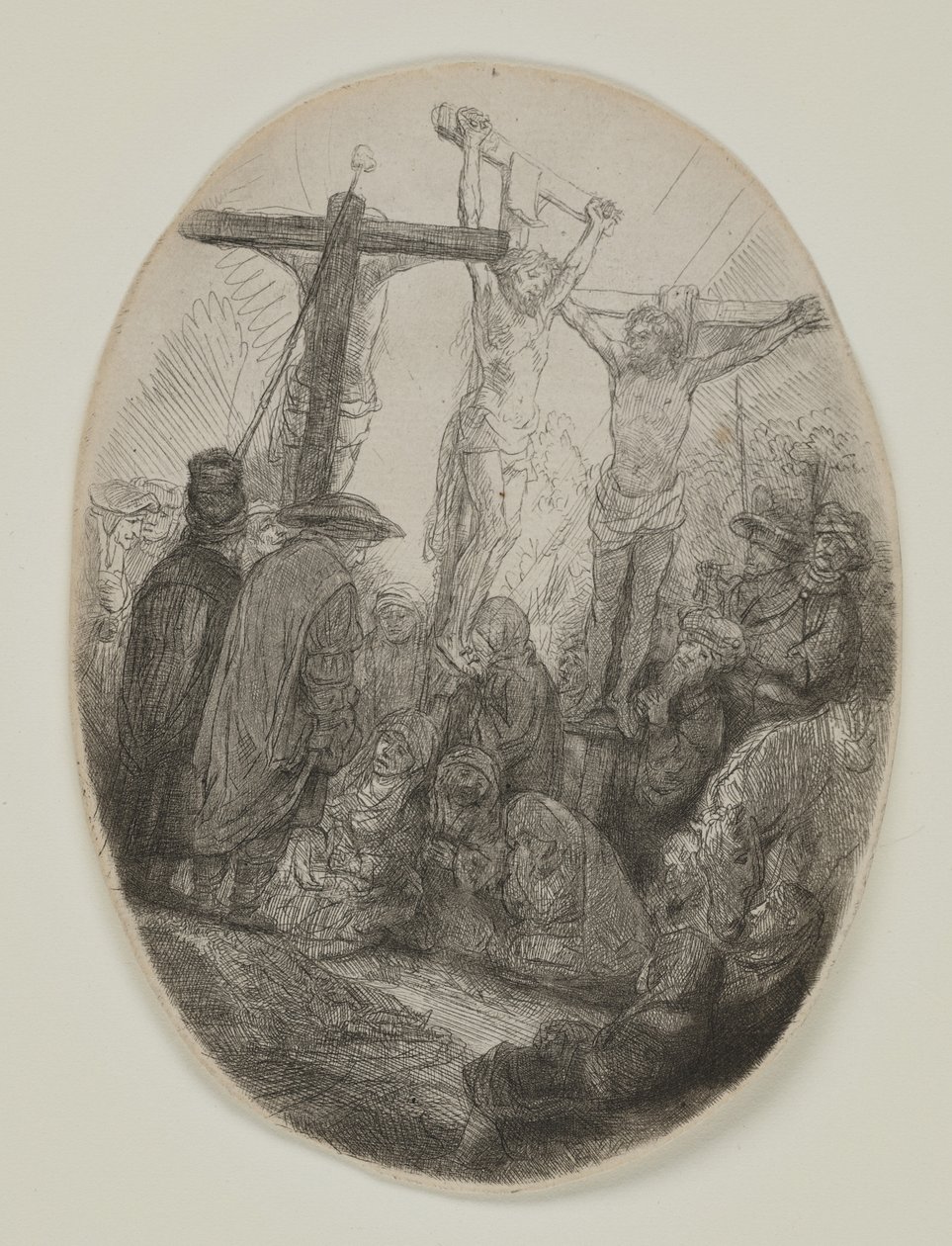 Kristus korsfäst mellan två tjuvar: en oval tallrik, ca 1641 (etsning och torrnål) av Rembrandt van Rijn