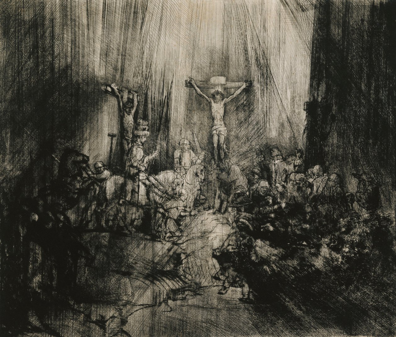 Kristus korsfäst mellan de två tjuvarna - "De tre korsen", ca 1653-1661 av Rembrandt van Rijn