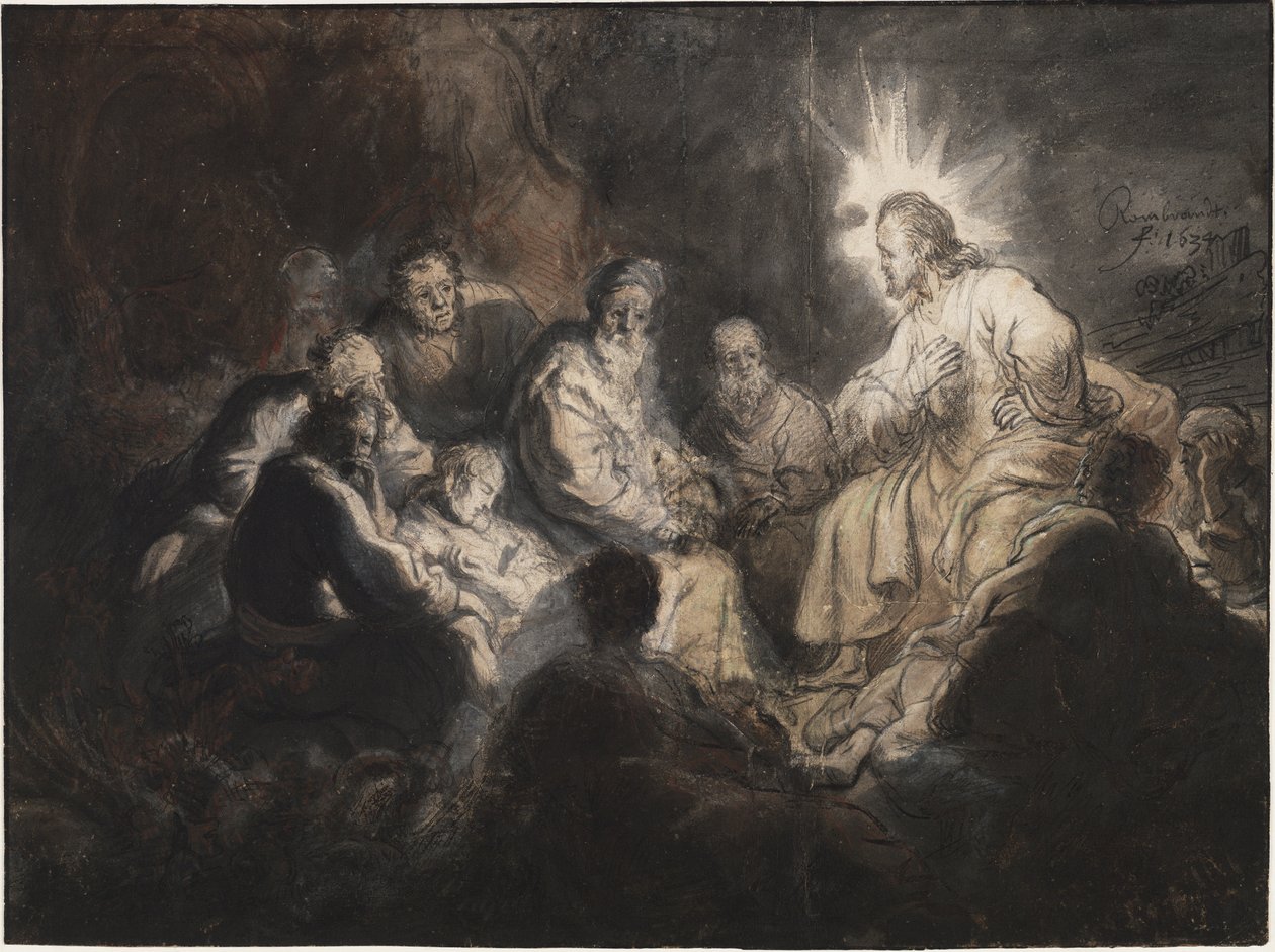Kristus och hans lärjungar i Getsemane trädgård, av Rembrandt van Rhijn (1606-1669). Penna, pensel, grå och brun färg, akvarell på papper, ca 1634. Mått: 35,7x47,8 cm. Teylers Museum, Haarlem av Rembrandt Harmensz. van Rijn