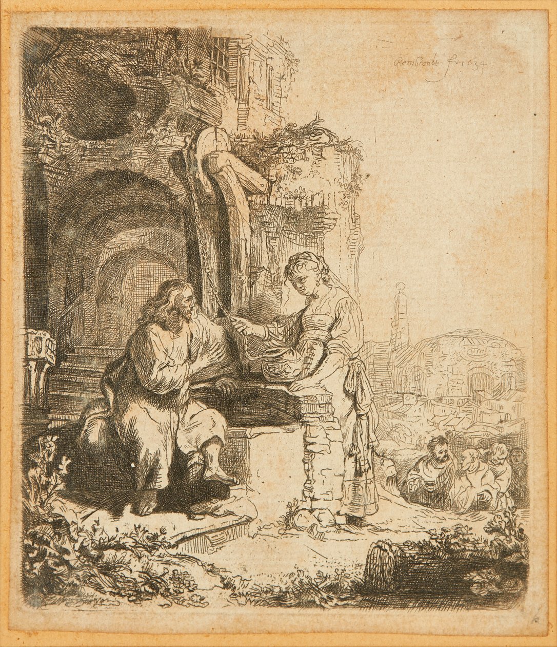 Kristus och Samariens kvinna, bland ruiner (etsning) av Rembrandt Harmensz. van Rijn