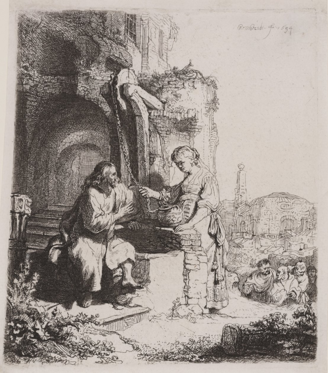 Kristus och Samariens kvinna: bland ruiner av Rembrandt van Rijn
