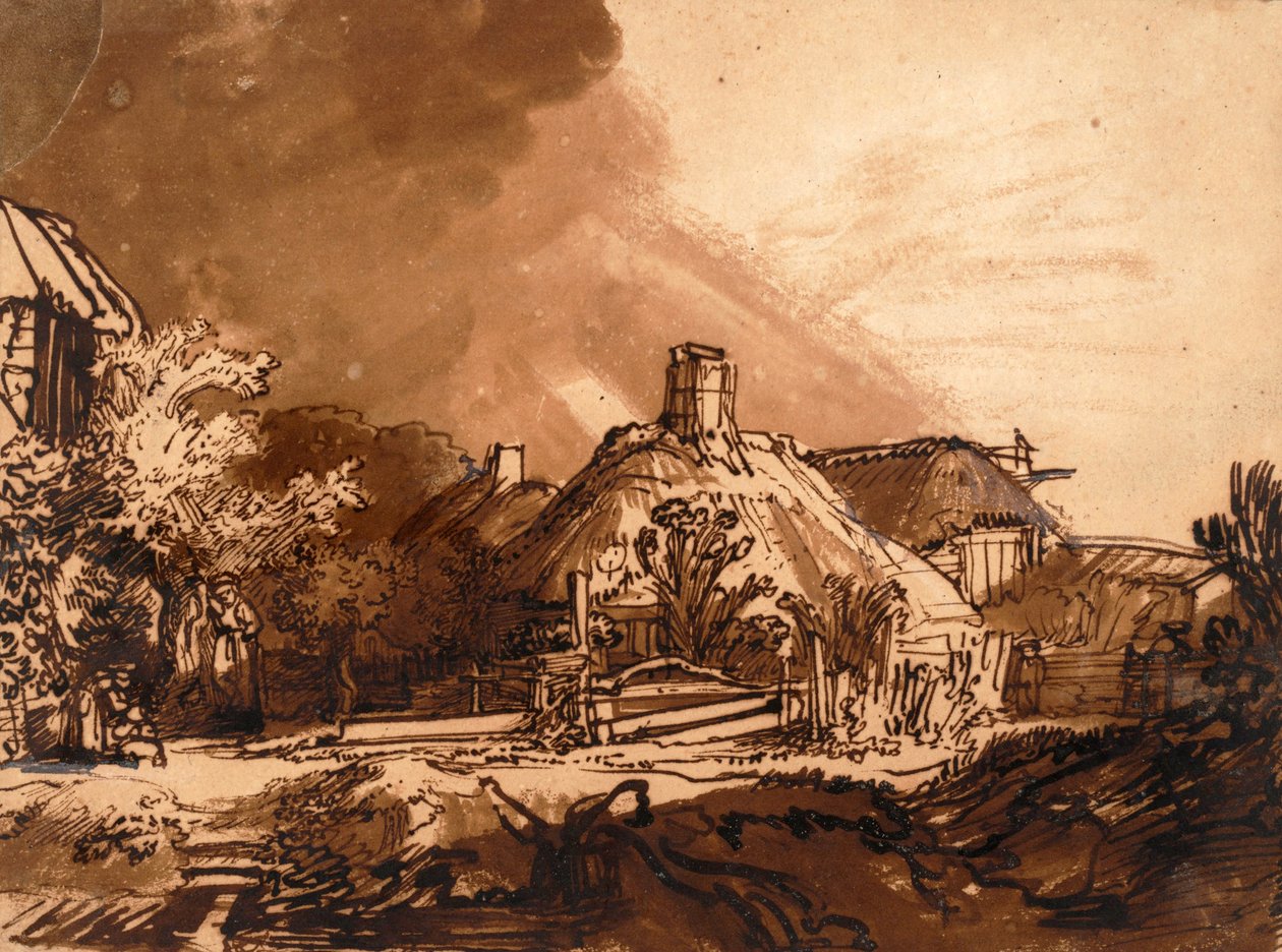 Stugor före en stormig himmel (penna och bläck) av Rembrandt van Rijn