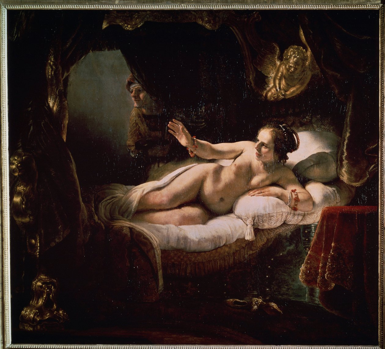 ""Danae"". Grekisk mytologi: Zeus presenterar sig för Danae i form av en dusch av guldmynt för att förföra henne. Målning av Harmenszoon van Rijn känd som Rembrandt (1606-1669) av Rembrandt Harmensz. van Rijn