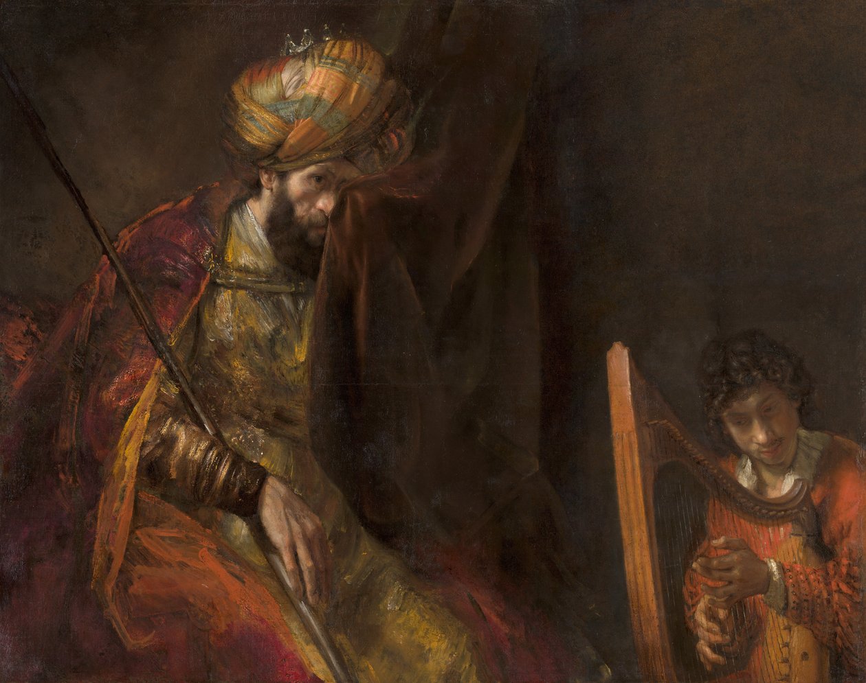 David spelar på harpan inför Saul av Rembrandt van Rijn