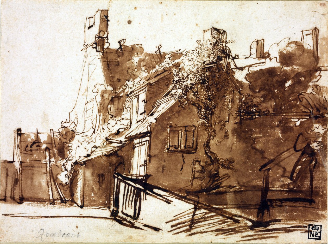 Bondgård i solljus - Rembrandt van Rhijn (1606-1669) - 1635-1636 - Penna, pensel, brun färg på papper - 16,4x22,3 cm - Szepmuveszeti Muzeum, Budapest av Rembrandt Harmensz. van Rijn