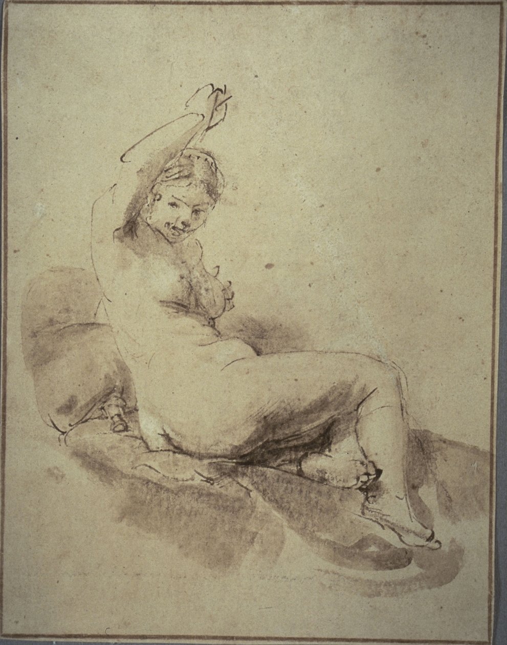 Naken, liggande kvinna med upphöjd arm, ca 1665 (penna och brunt bläck och pensel och brunt tvätt, på brunt papper) av Rembrandt Harmensz. van Rijn