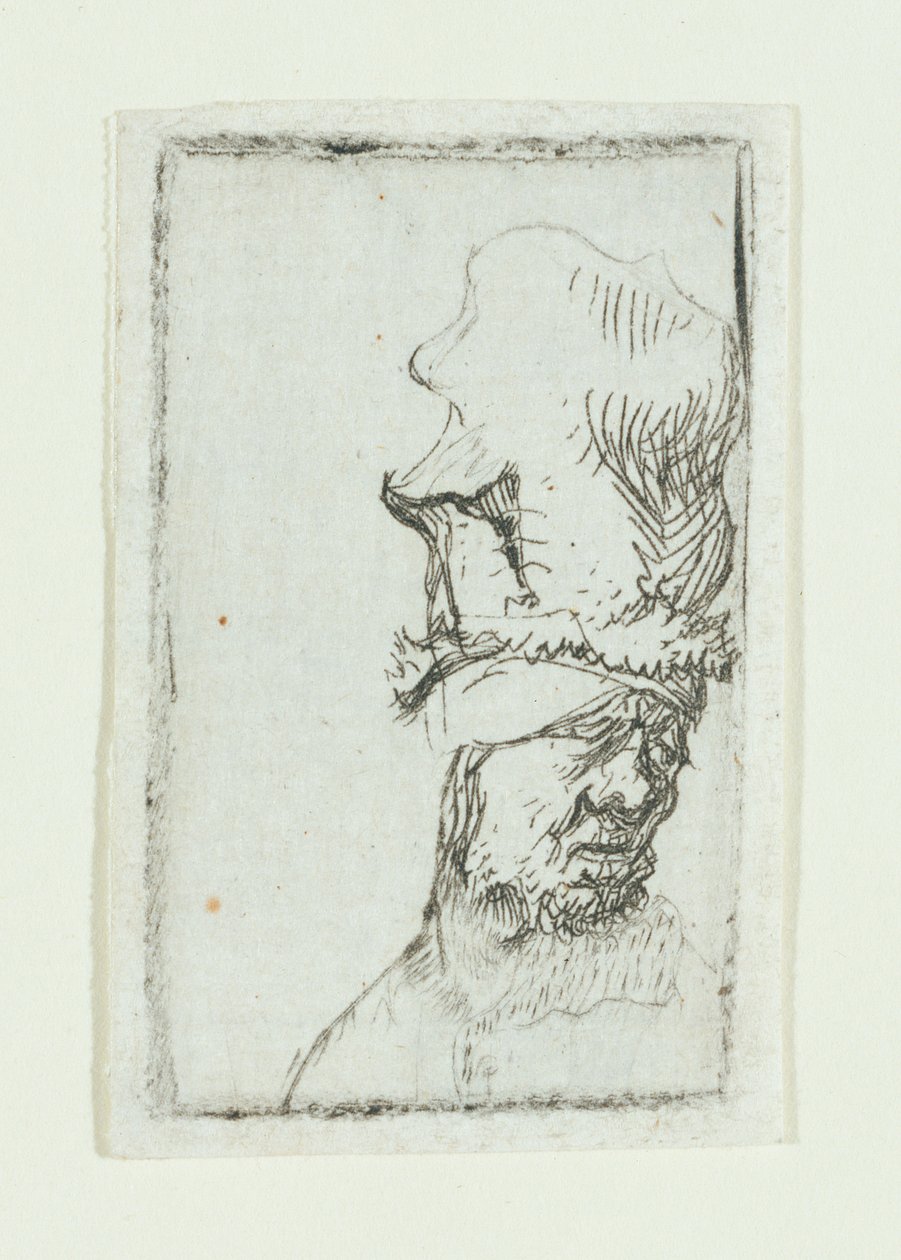 Huvudet på en man i hög keps (etsning) av Rembrandt van Rijn