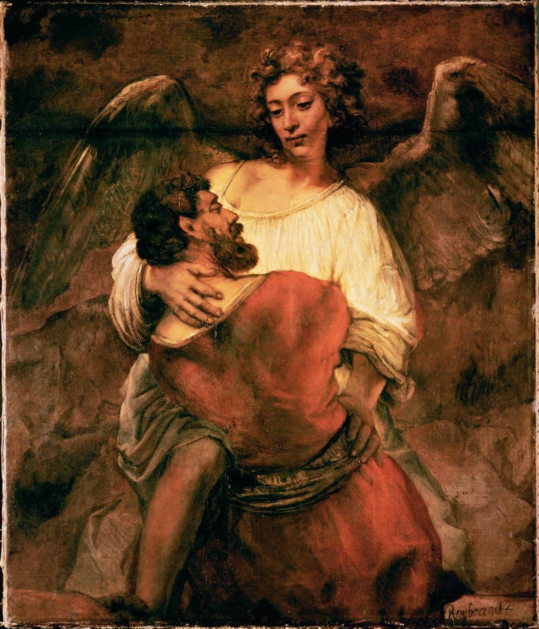 Jakob kämpar mot ängeln (målning på duk) av Rembrandt Harmensz. van Rijn