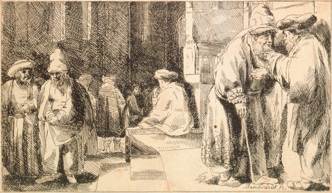 ""Juifs a la synagogue"" (Judar i synagogan) Gravyr av Rembrandt van Rhijn (1606-1669) - 1648 Dim 7,6x13 cm Jewish Museum, New York av Rembrandt van Rijn