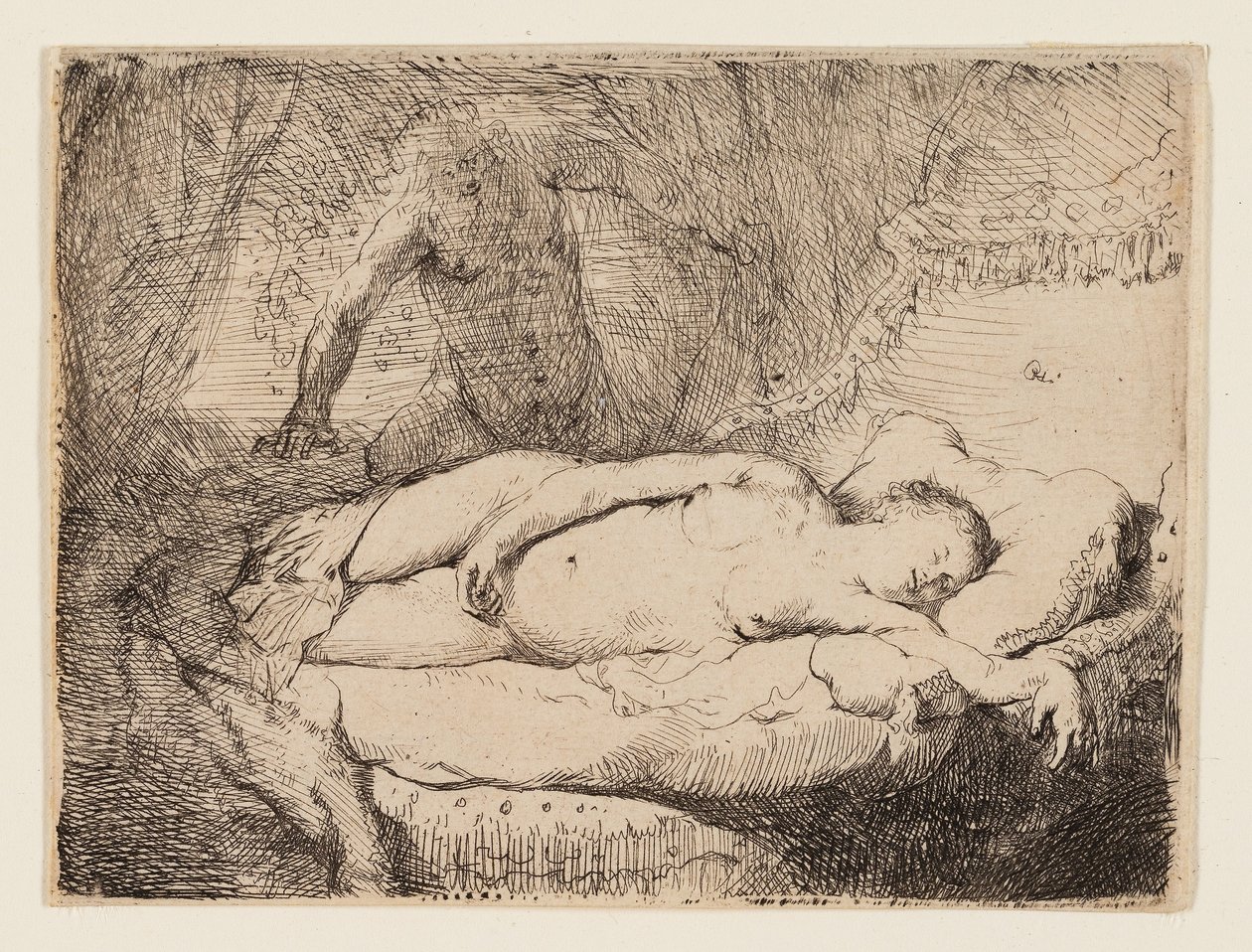 Jupiter och Antiope: Smaller Plate, c.1631 (etsning på bufflagd papper) av Rembrandt Harmensz. van Rijn