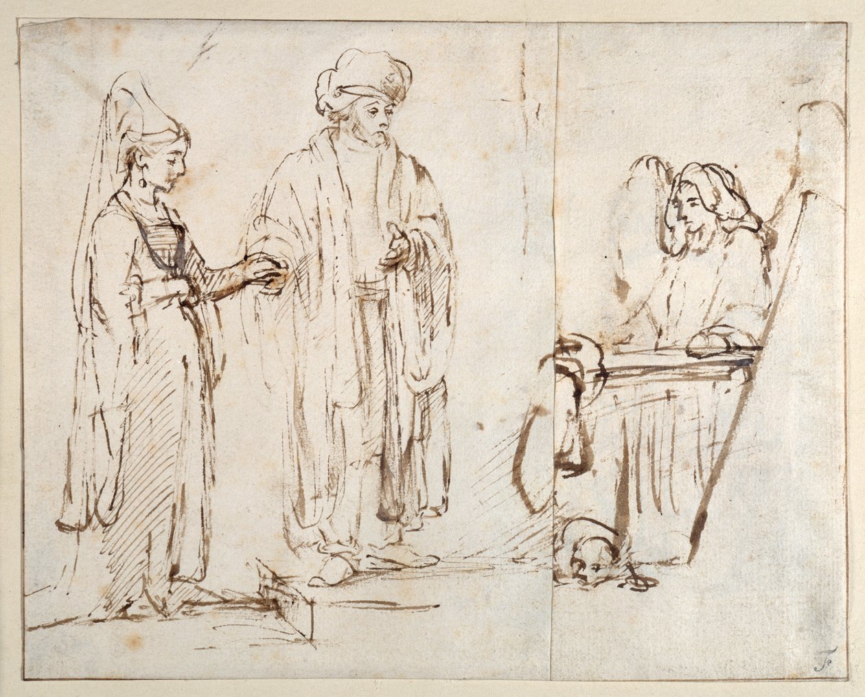 Laban för Lea till Jakob, med Jakob överdragen av ett fragment av en annan teckning; en ängel med en hund liggande vid hans fötter av Rembrandt Harmensz. van Rijn