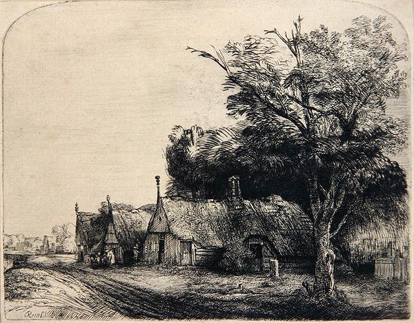 Landskap med tre kojor (etsning) av Rembrandt Harmensz. van Rijn