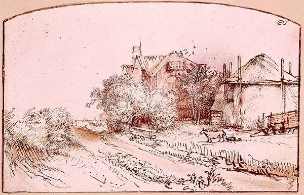 Landskap med en stuga och en hölada av Rembrandt Harmensz. van Rijn