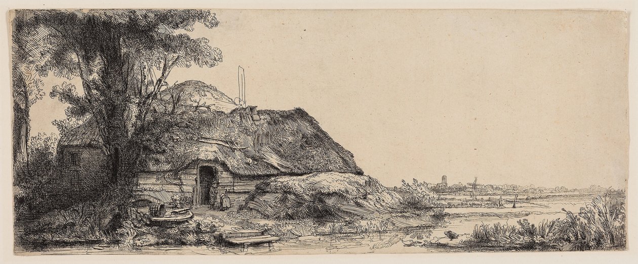 Landskap med en stuga och ett stort träd av Rembrandt Harmensz. van Rijn