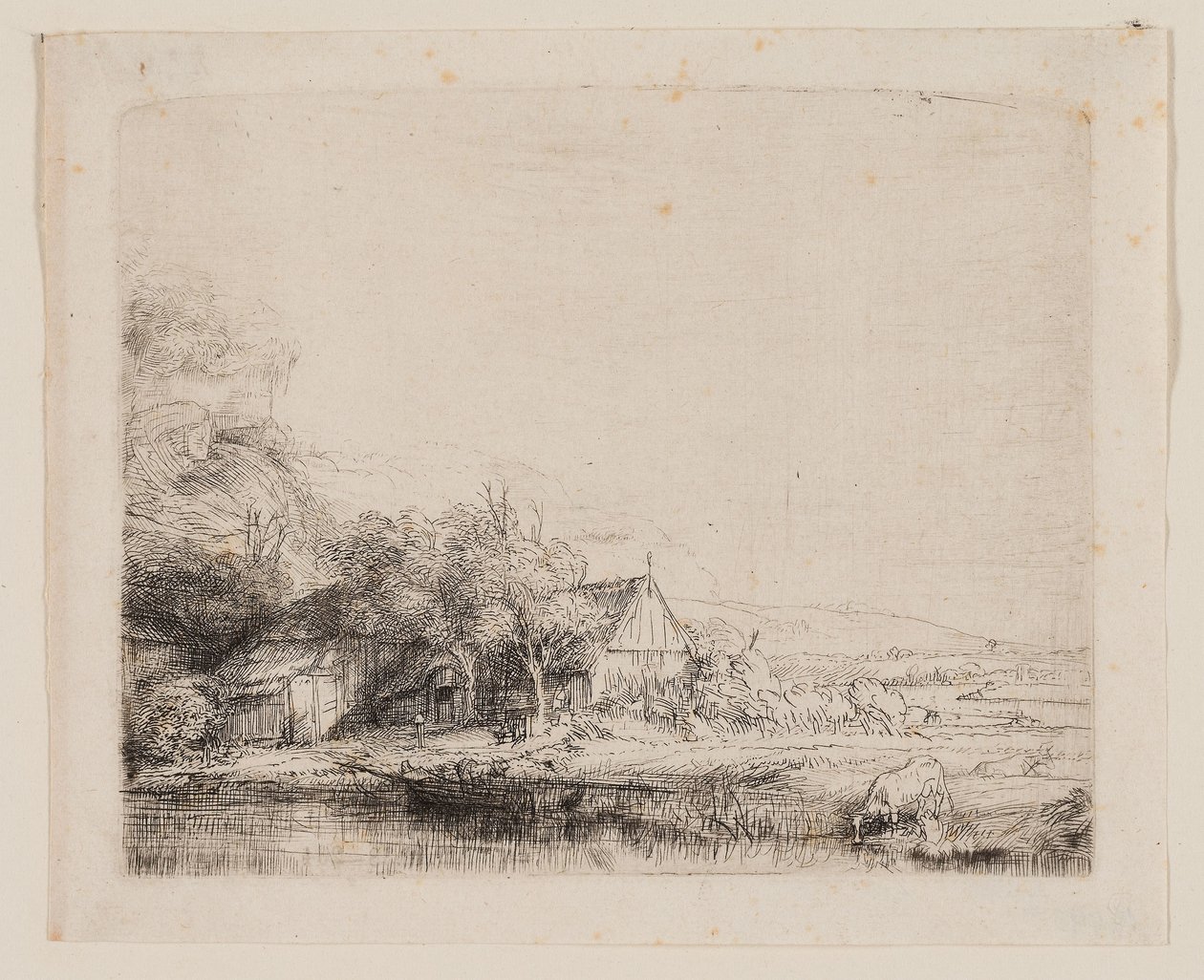 Landskap med en ko som dricker, ca 1650 (etsning och torrnål på elfenbenslagt papper) av Rembrandt Harmensz. van Rijn