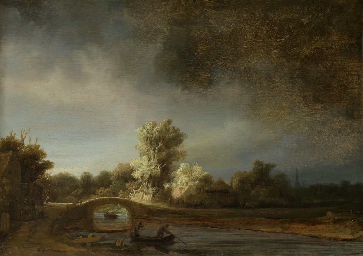 Landskap med en stenbro, ca 1638 (olja på panel) av Rembrandt van Rijn