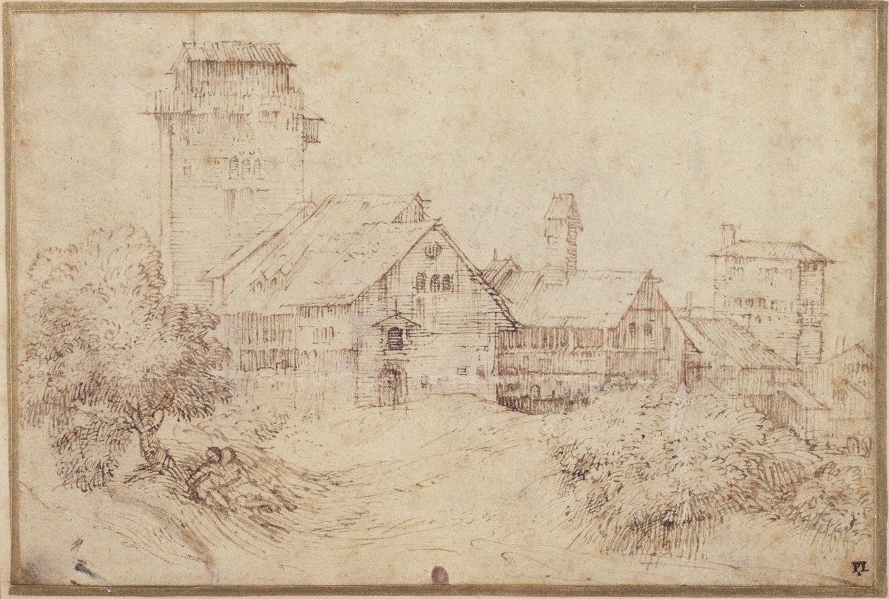 Landskap med byggnader och älskare, omfamnande, efter Tizian (penna & brunt bläck med röd krita på papper) av Rembrandt Harmensz. van Rijn