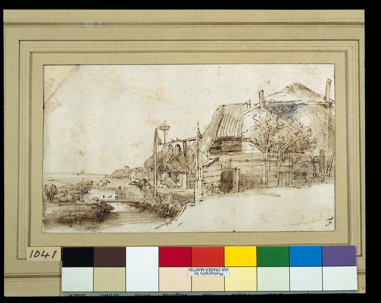Landskap med gårdsbyggnader till höger (penna & bläck med tvätt på papper) av Rembrandt Harmensz. van Rijn