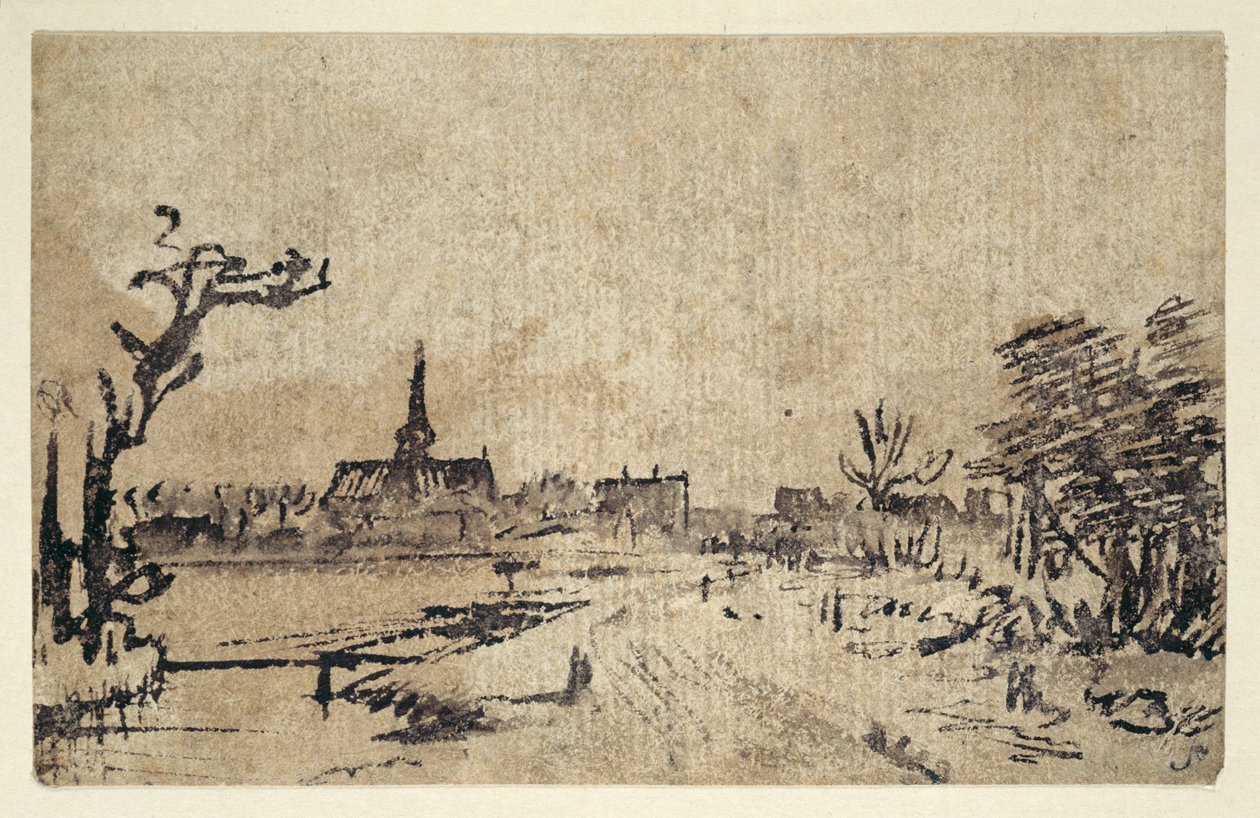 Landskap med vatten, byn Amstelveen i bakgrunden, ca 1654-55 (penna & bläck med brun tvätt) av Rembrandt Harmensz. van Rijn