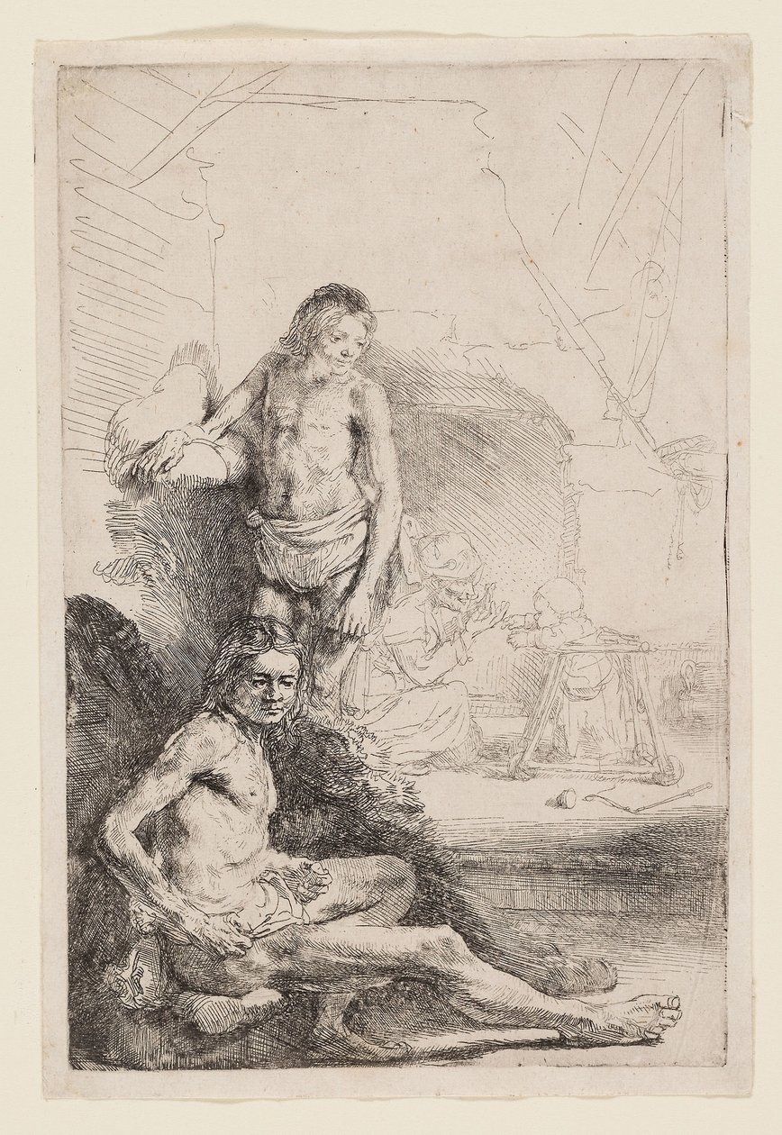 Man naken sittande och stående, ca 1646 (etsning på elfenbensbelagt papper) av Rembrandt Harmensz. van Rijn