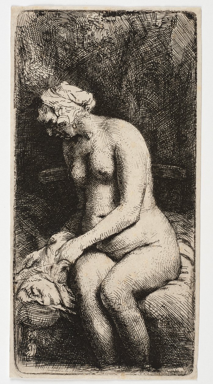 Naken kvinna sitter med fötterna i vattnet av Rembrandt Harmensz. van Rijn