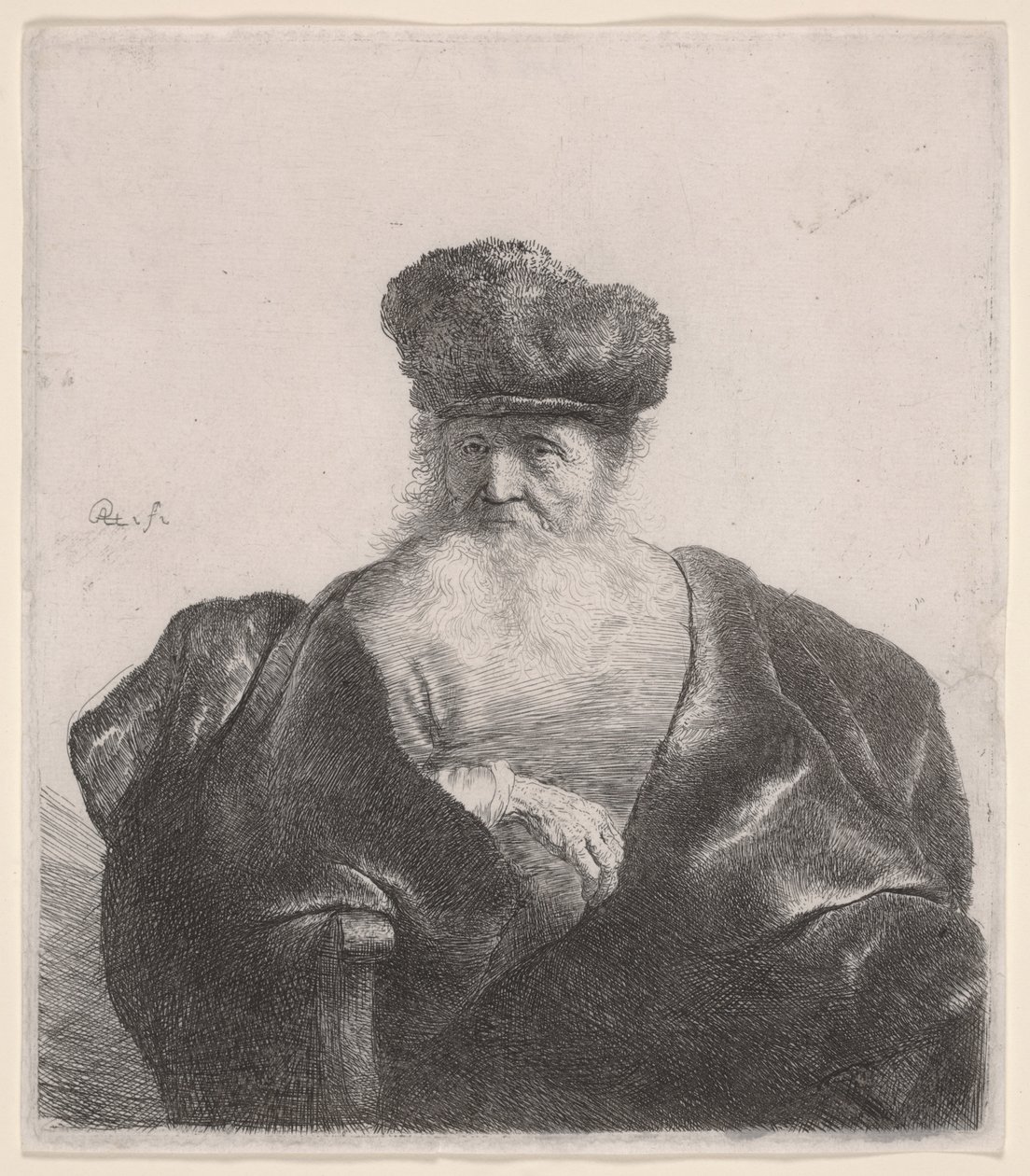 Gammal man med flödande skägg, pälsmössa och sammetsmantel, ca 1632 (etsning) av Rembrandt van Rijn