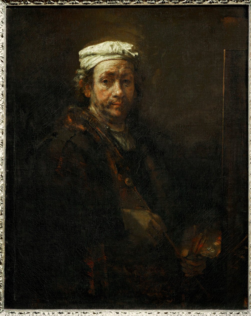 Porträtt av konstnären vid sitt staffli... av Rembrandt Harmensz. van Rijn