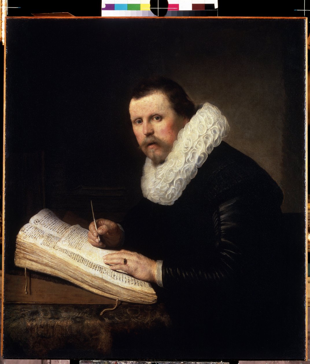 Porträtt av en student. (Porträtt av en lärd). Man läser ett manuskript medan han skriver anteckningar med en penna på ett pappersark. Målning av Harmenszoon van Rijn känd som Rembrandt (1606-1669) av Rembrandt Harmensz. van Rijn