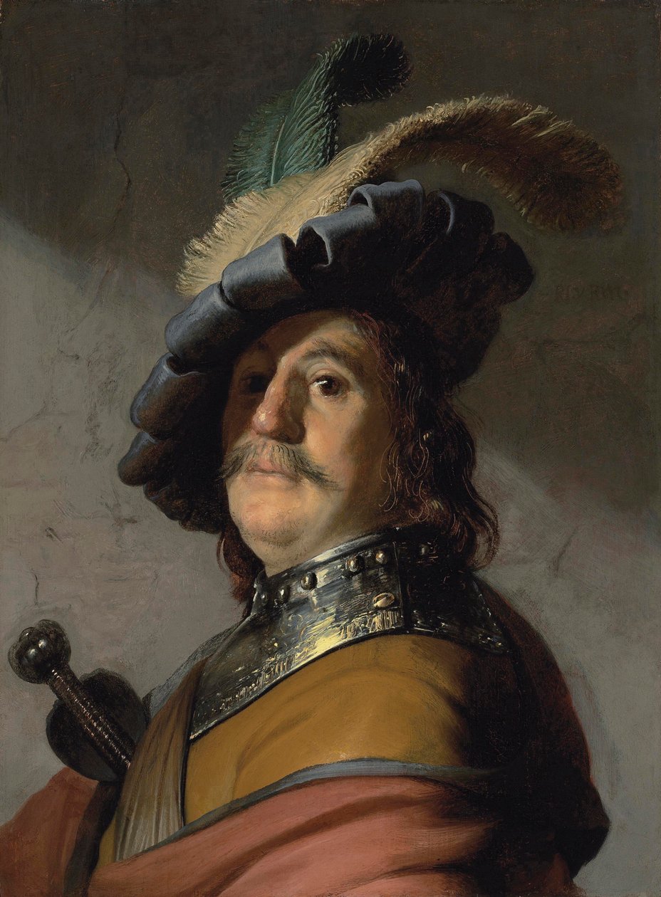 Porträtt av en man med en bröstsköld och en fjäderbasker - Målning av Rembrandt van Rijn (1606-1669) av Rembrandt Harmensz. van Rijn