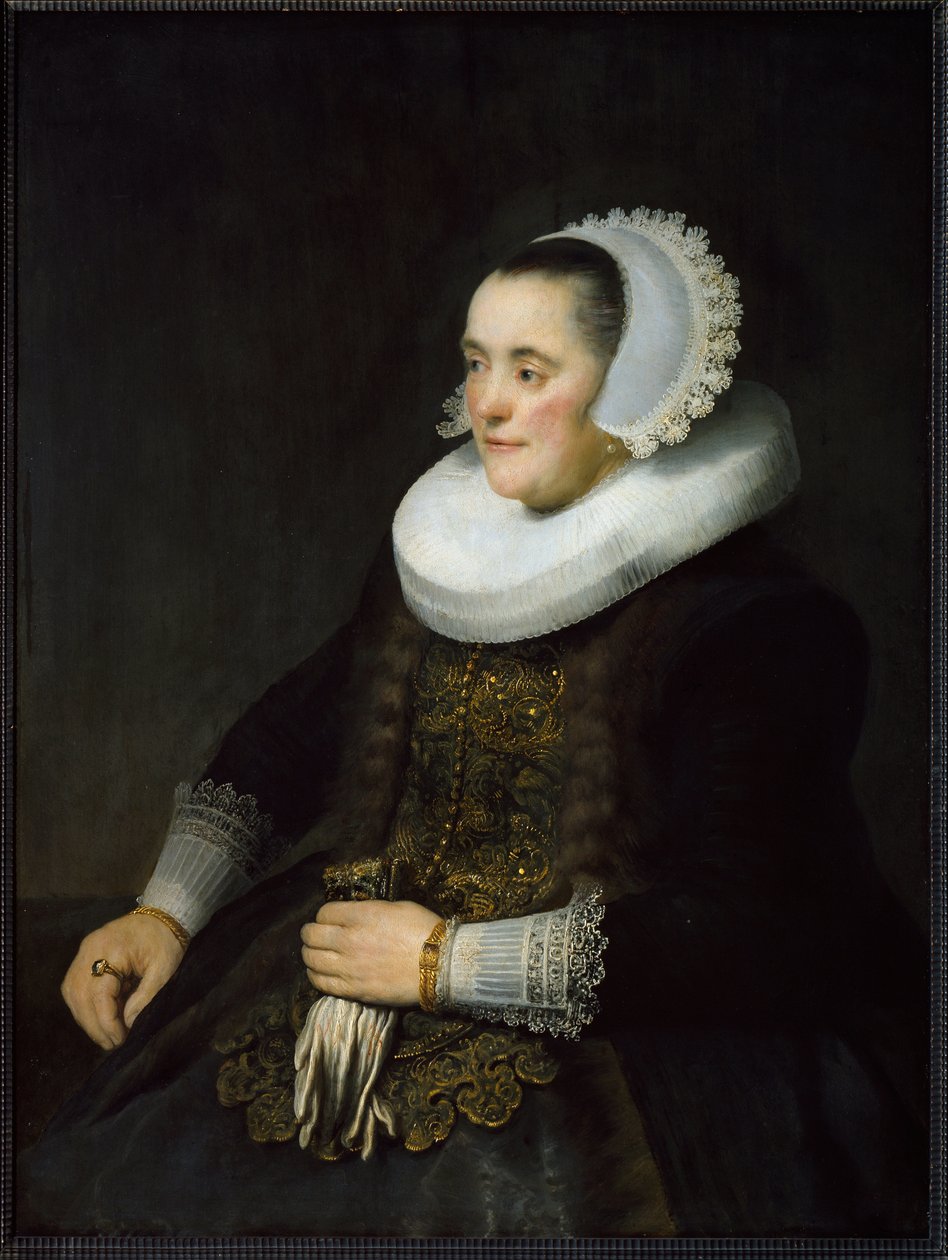 Porträtt av en holländsk borgerlig kvinna som bär en ruff och en huvudbonad. (Målning av Rembrandt van Rijn