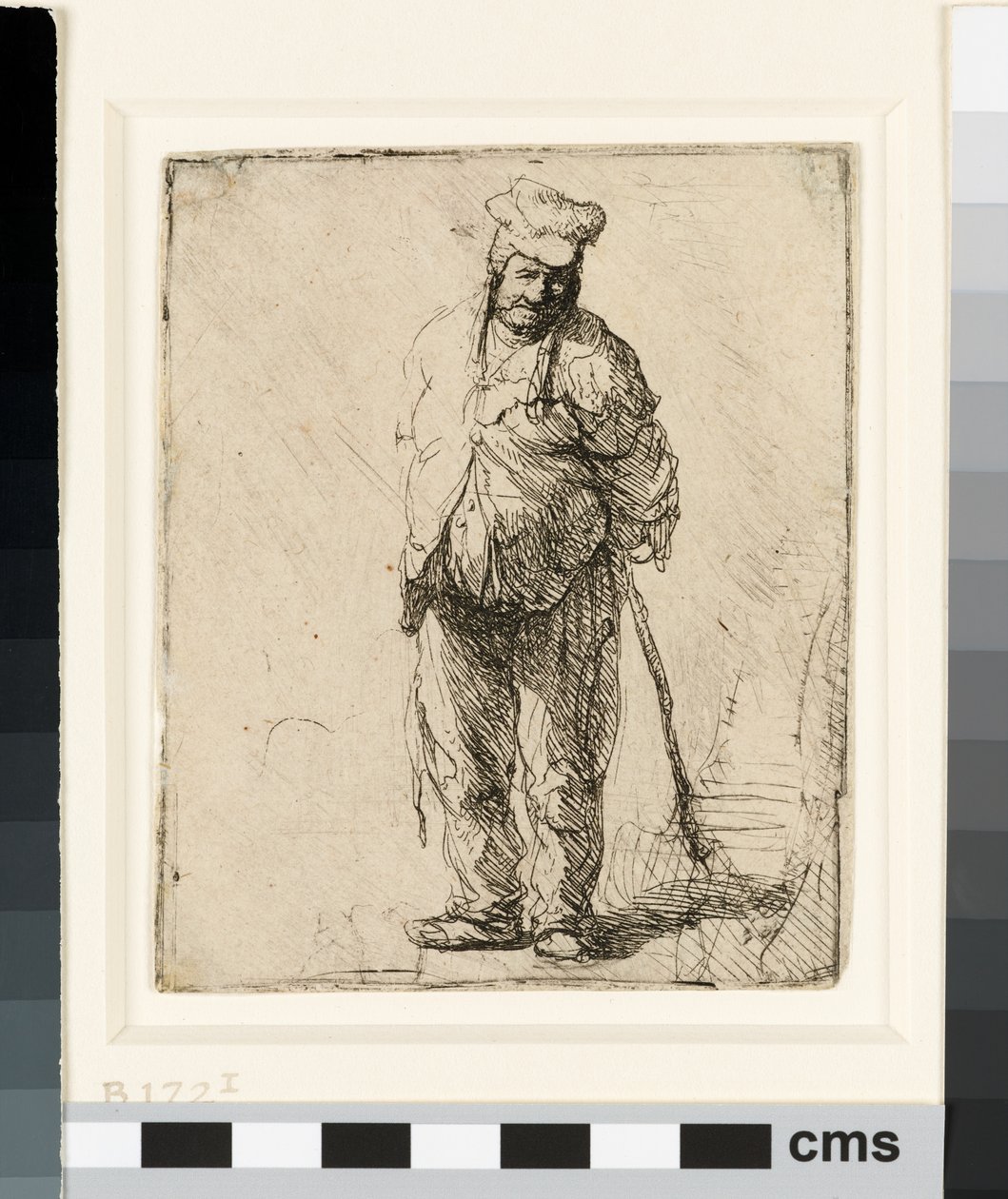 Trasig bonde med händerna bakom sig, håller en pinne, ca 1630 (etsning) av Rembrandt van Rijn