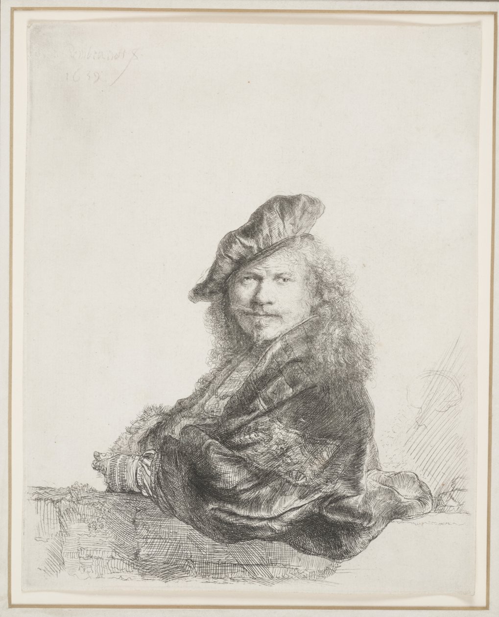 Rembrandt lutad på en stentröskel: Halv längd av Rembrandt van Rijn