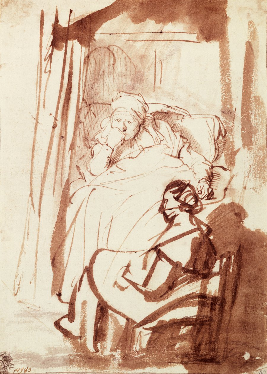 Saskia ligger i sängen, en kvinna sitter vid hennes fötter av Rembrandt Harmensz. van Rijn