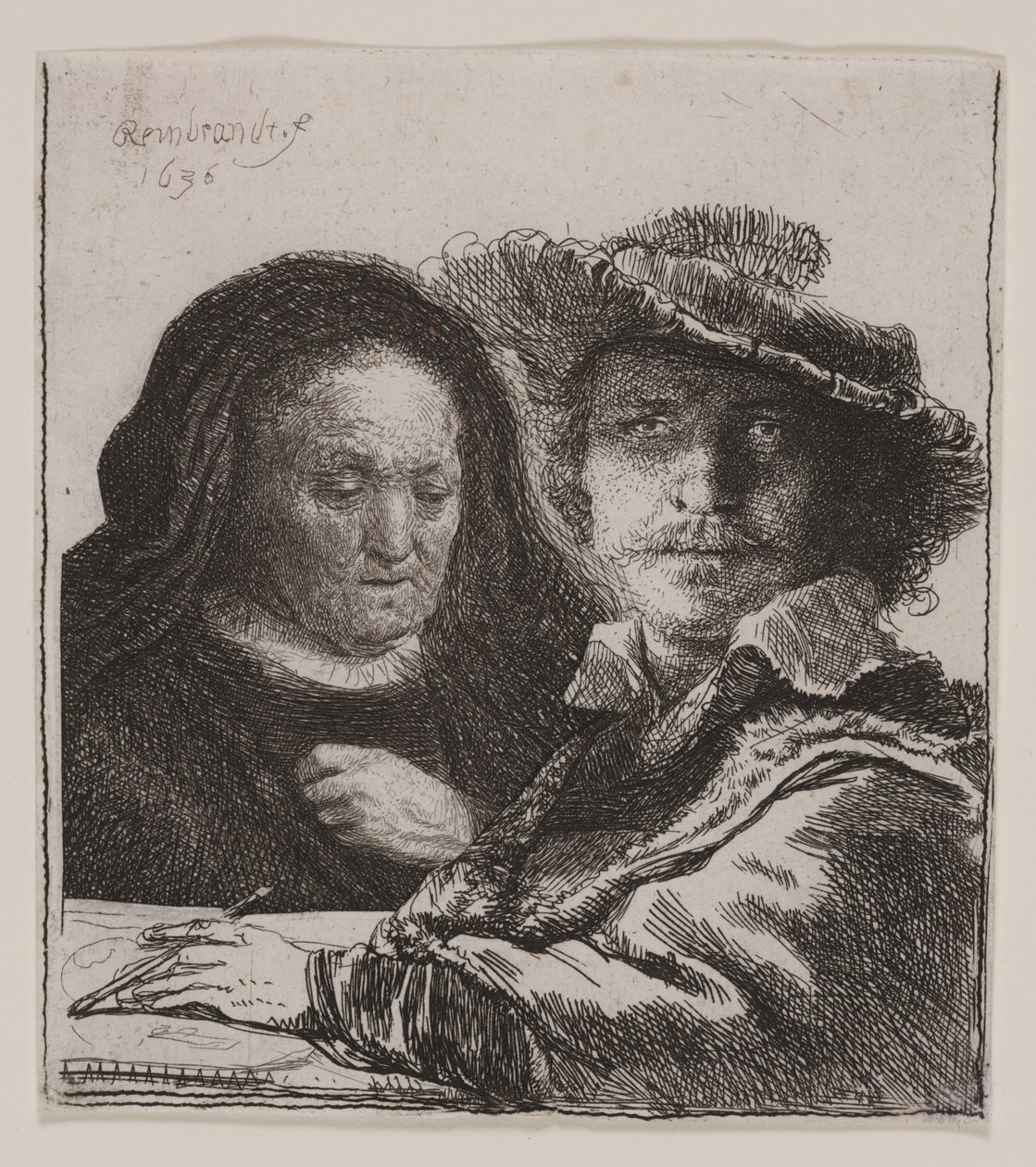 Självporträtt med konstnärens mamma av Rembrandt van Rijn