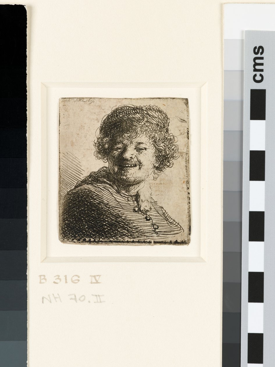 Självporträtt i keps: skrattar av Rembrandt van Rijn
